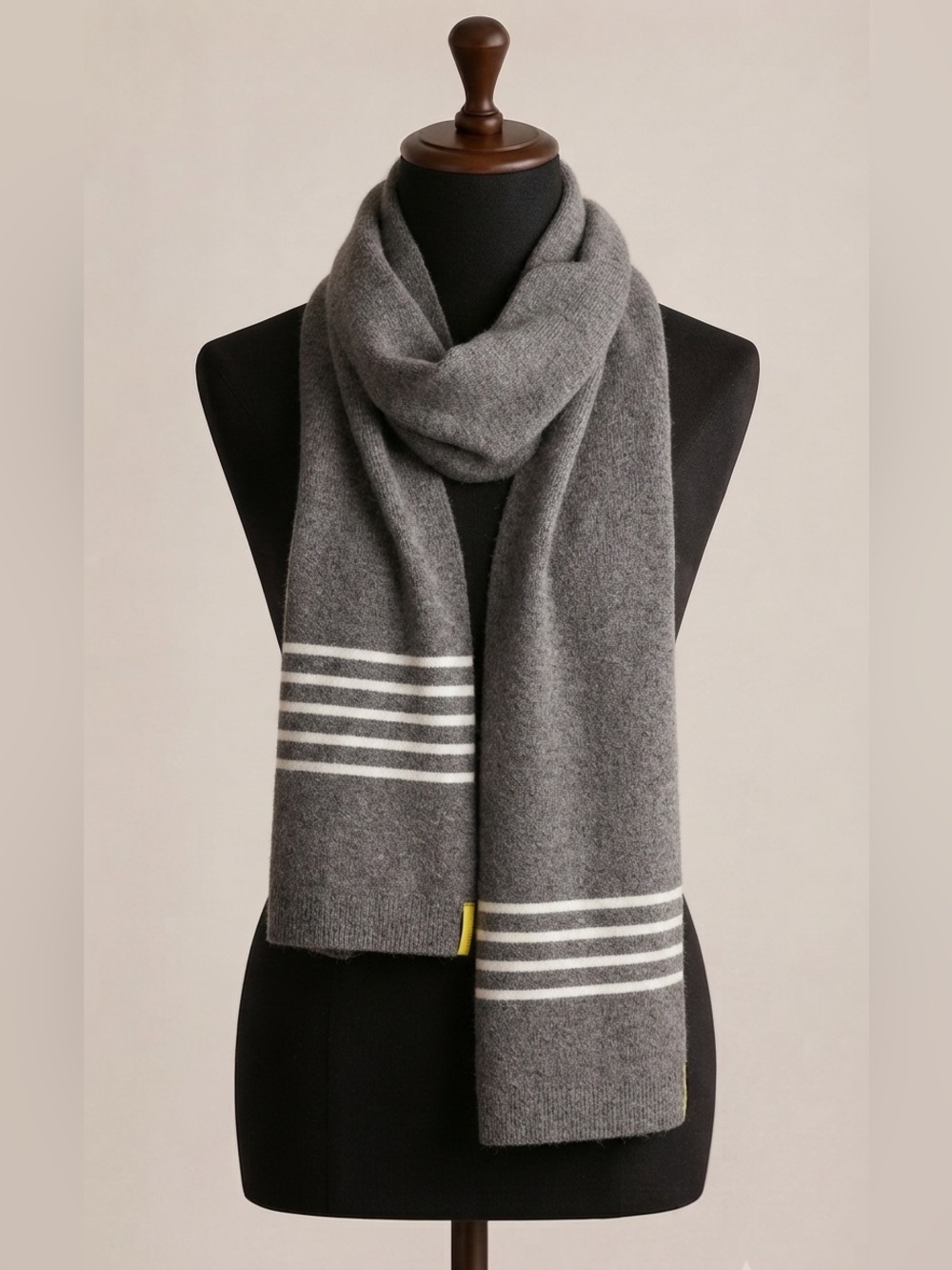 Lole Long Grey Winter Scarf with White Stripes Wool Blend